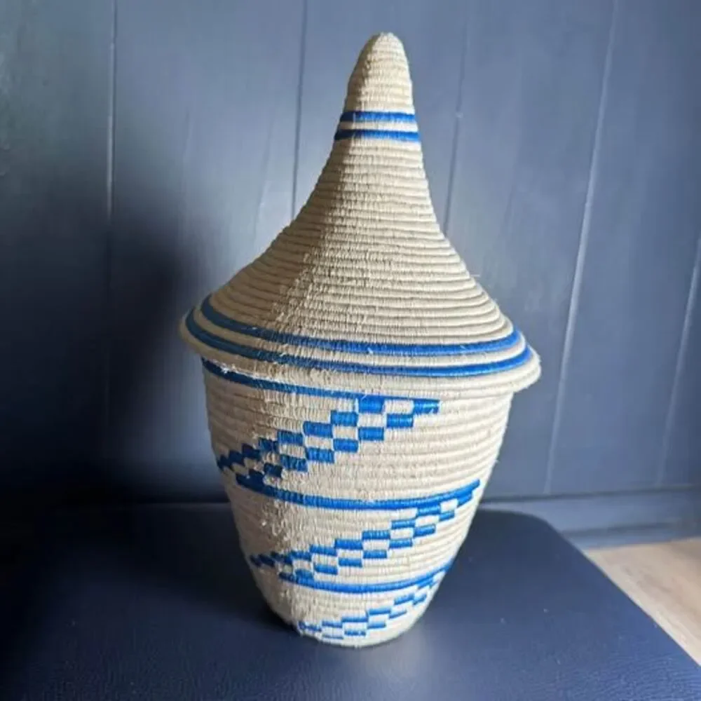 Authentic Rwandan Agaseke Peace Basket Handwoven Blue & Cream Sisal 13